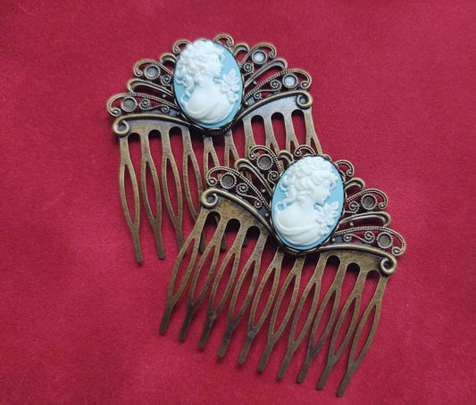 Pair of Blue Cameo on Bronze Filigree Hair Combs, 19th Century Hair Accessory, Victorian, Prom, Evening, Prom, Bridal