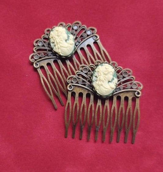 Pair of Green Cameo with Bronze Filigree Hair Combs, 19th Century Hair Accessory, Victorian, Prom, Evening, Prom, Bridal