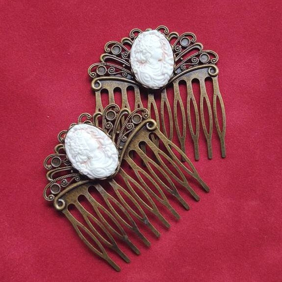 Pair of Pink Cameo on Bronze Filigree Hair Combs, 19th Century Hair Accessory, Victorian, Prom, Evening, Prom, Bridal