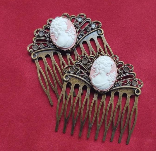 Pair of Pink Cameo on Bronze Filigree Hair Combs, 19th Century Hair Accessory, Victorian, Prom, Evening, Prom, Bridal