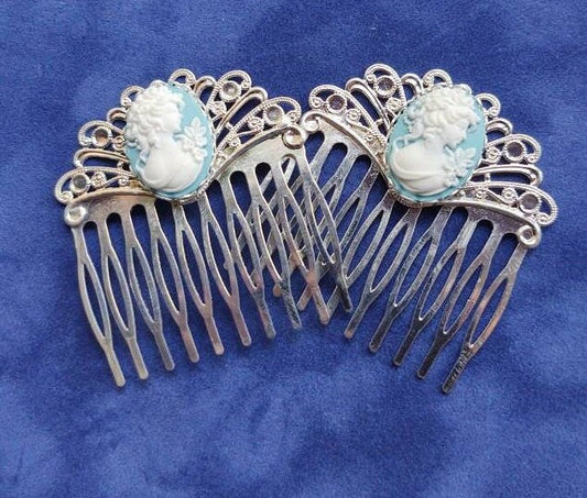 Pair of Blue Cameo on silver Filigree Hair Combs, 19th Century Hair Accessory, Victorian, Prom, Evening, Prom, Bridal