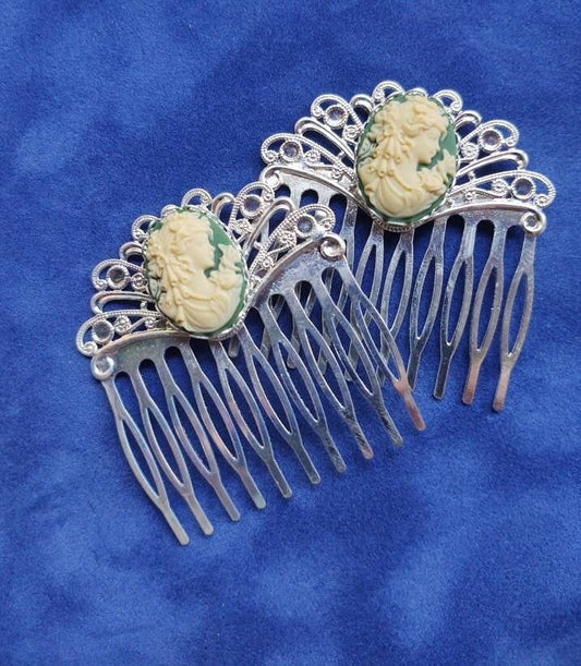 Pair of Green Cameo on Silver Filigree Hair Combs, 19th Century Hair Accessory, Victorian, Prom, Evening, Prom, Bridal