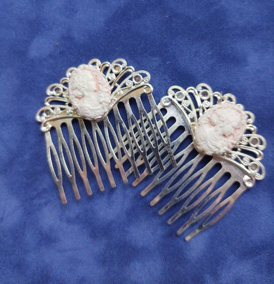 Pair of Pink Cameo on Silver Filigree Hair Combs, 19th Century Hair Accessory, Victorian, Prom, Evening, Prom, Bridal