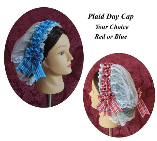 White Lacy Daycap with Plaid Folded ribbon coronet and fanchon style overlay - Day Cap, Civil War, Historical Headwear, Victorian