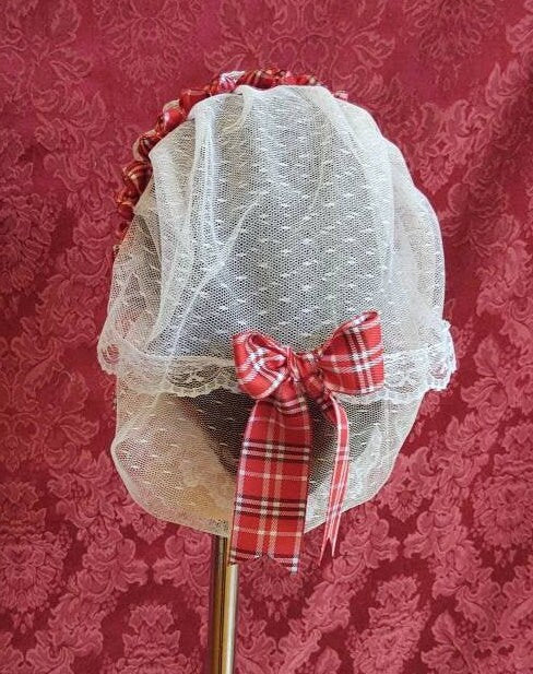 White Lacy Daycap with Plaid Folded ribbon coronet and fanchon style overlay - Day Cap, Civil War, Historical Headwear, Victorian