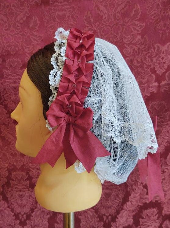 White Lacy Daycap with Burgundy Wine folded ribbon coronet trim and fanchon style overlay - Day Cap, Civil War, Historical Headwear