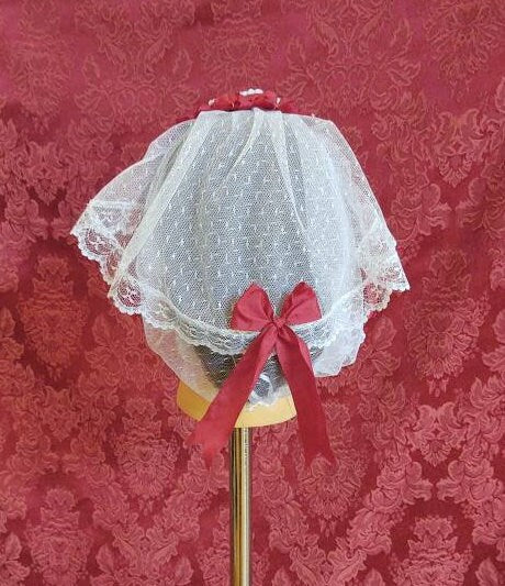 White Lacy Daycap with Burgundy Wine folded ribbon coronet trim and fanchon style overlay - Day Cap, Civil War, Historical Headwear