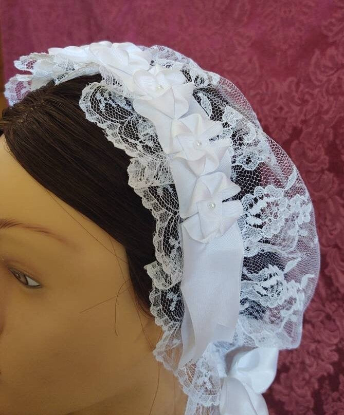 White Lacy Daycap with lappets and white folded ribbon coronet, Day Cap, Civil War, breakfast cap, wedding, 19th century victorian