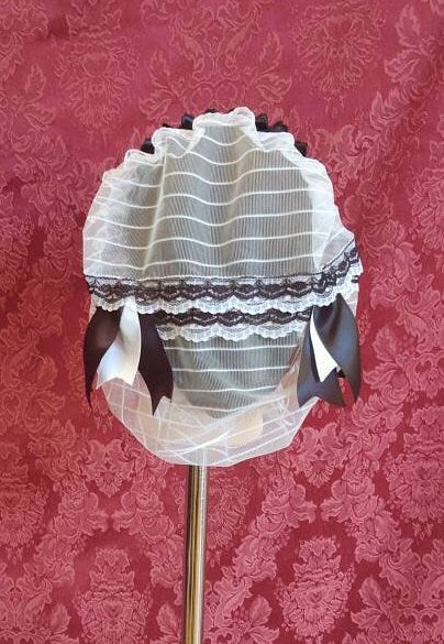 Black Ribboned White Lacy Daycap with black and white lace accented back - Day Cap, Civil War, 19th Century Victorian