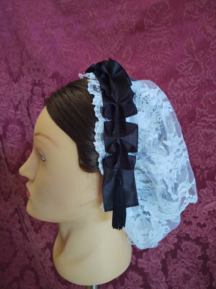 White Lacy Daycap with Black ribbon coronet, fasicule and fanchon style overlay - Day Cap, Civil War, Historical Headwear, Victorian