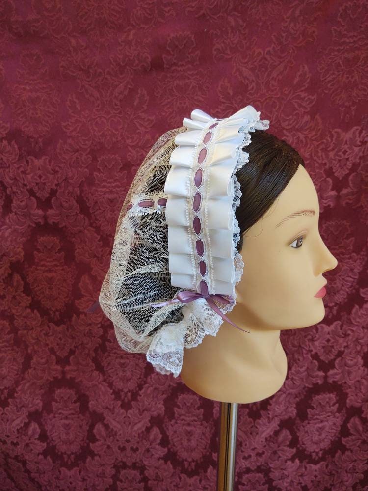 White and Lavender Ribboned White Lacy Daycap with lace accented back - Day Cap, Civil War, Historical Headwear, 19th century Victorian