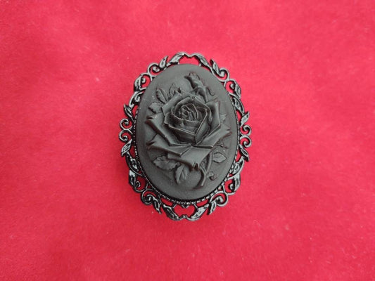 Large Black Rose Cameo Brooch, Widows Pin, 19th Century Pin, Mourning, Civil War Reproduction, Gothic, Edwardian, Regency, Funeral