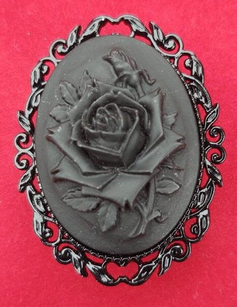 Large Black Rose Cameo Brooch, Widows Pin, 19th Century Pin, Mourning, Civil War Reproduction, Gothic, Edwardian, Regency, Funeral