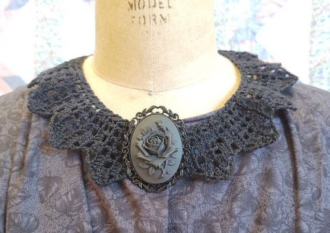 Crocheted BLACK Mourning Pointed Collar Made from 19th Century pattern - New, Handmade, detachable, 19th Century, Victorian, Made in USA