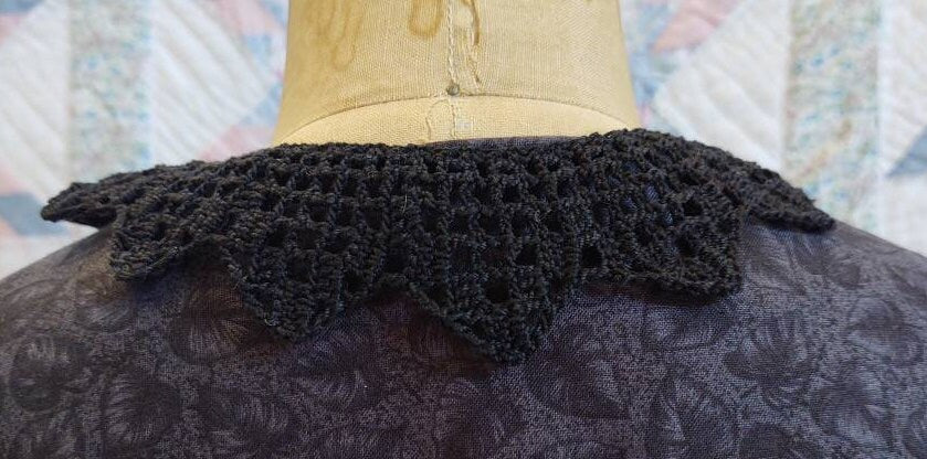 Crocheted BLACK Mourning Pointed Collar Made from 19th Century pattern - New, Handmade, detachable, 19th Century, Victorian, Made in USA