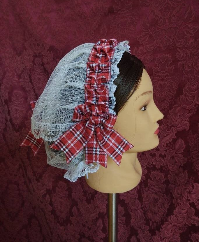 White Lacy Daycap with Plaid Folded ribbon coronet and fanchon style overlay - Day Cap, Civil War, Historical Headwear, Victorian