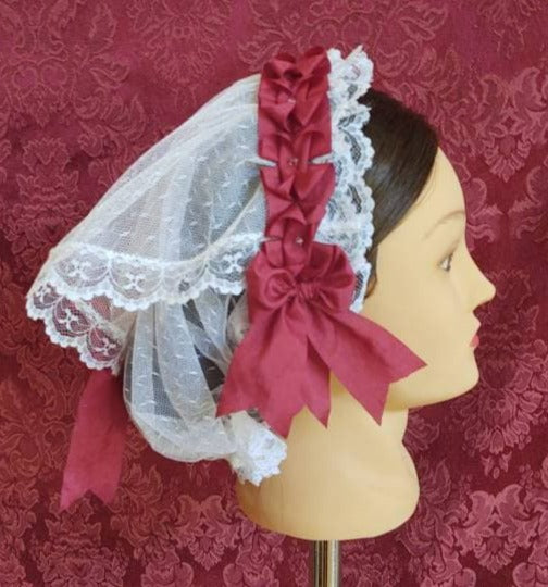 White Lacy Daycap with Burgundy Wine folded ribbon coronet trim and fanchon style overlay - Day Cap, Civil War, Historical Headwear