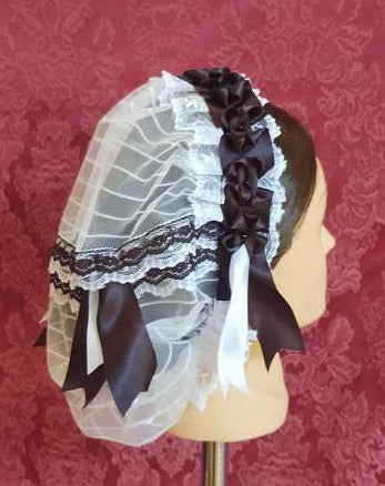 Black Ribboned White Lacy Daycap with black and white lace accented back - Day Cap, Civil War, 19th Century Victorian