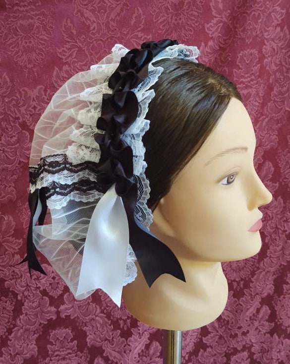 Black Ribboned White Lacy Daycap with black and white lace accented back - Day Cap, Civil War, 19th Century Victorian