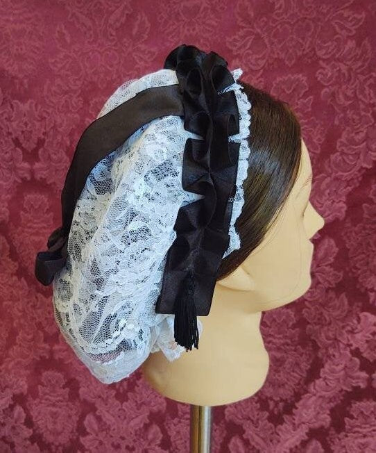 White Lacy Daycap with Black ribbon coronet, fasicule and fanchon style overlay - Day Cap, Civil War, Historical Headwear, Victorian