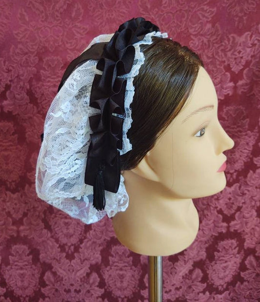 White Lacy Daycap with Black ribbon coronet, fasicule and fanchon style overlay - Day Cap, Civil War, Historical Headwear, Victorian