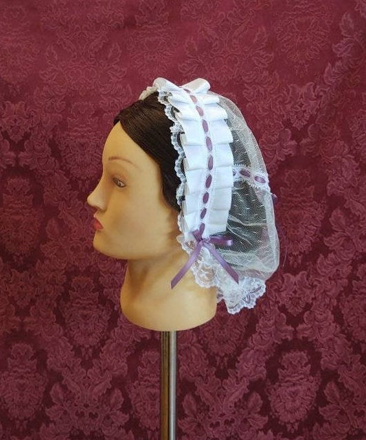 White and Lavender Ribboned White Lacy Daycap with lace accented back - Day Cap, Civil War, Historical Headwear, 19th century Victorian