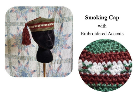 Men's Crocheted Smoking Cap in Green with Brown and Cream Hand-embroidered Accent - Camp Hat, Lounging cap, 19th Century Victorian