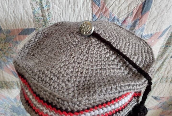 Men's Crocheted Smoking Cap in Grey with Red and White Accent - Camp Hat, Lounging Cap, 19th Century Victorian, Civil War