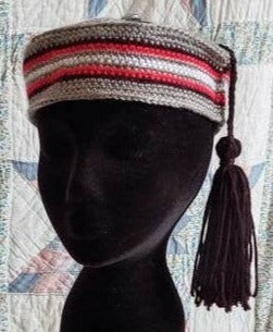 Men's Crocheted Smoking Cap in Grey with Red and White Accent - Camp Hat, Lounging Cap, 19th Century Victorian, Civil War