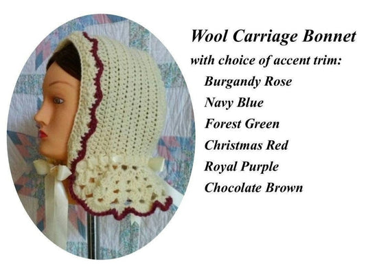 Cream Wool Carriage Bonnet trimmed in Choice of Color/ Crocheted Hood/ Winter Bonnet - 19th Century Victorian