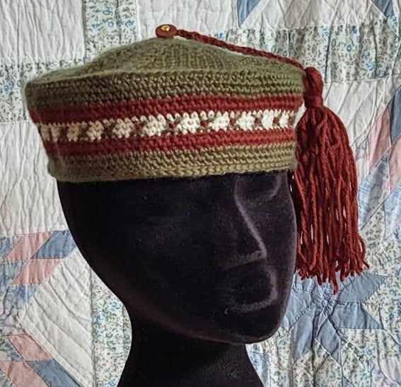 Men's Crocheted Smoking Cap in Green with Brown and Cream Hand-embroidered Accent - Camp Hat, Lounging cap, 19th Century Victorian