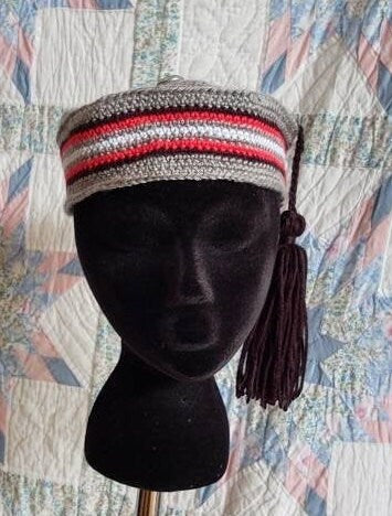 Men's Crocheted Smoking Cap in Grey with Red and White Accent - Camp Hat, Lounging Cap, 19th Century Victorian, Civil War