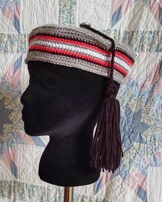 Men's Crocheted Smoking Cap in Grey with Red and White Accent - Camp Hat, Lounging Cap, 19th Century Victorian, Civil War