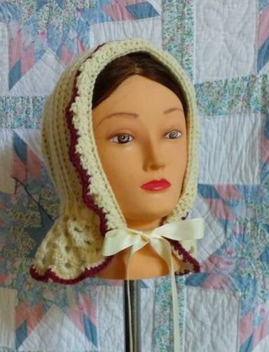 Cream Wool Carriage Bonnet trimmed in Choice of Color/ Crocheted Hood/ Winter Bonnet - 19th Century Victorian