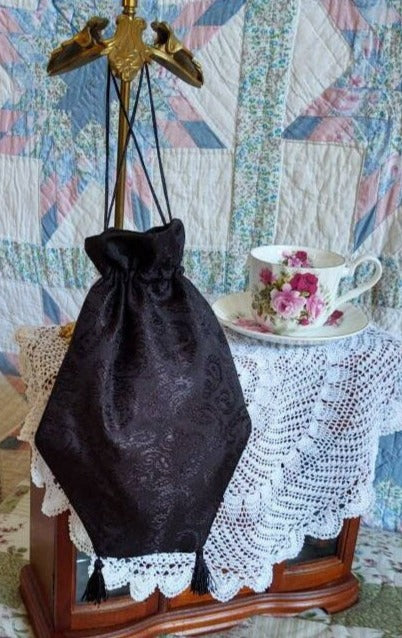 Reticule drawstring bag, 19th Century Victorian purse, Evening, Civil War, Edwardian, Regency, Mourning, 1820's & up, Ladies Ditty Bag