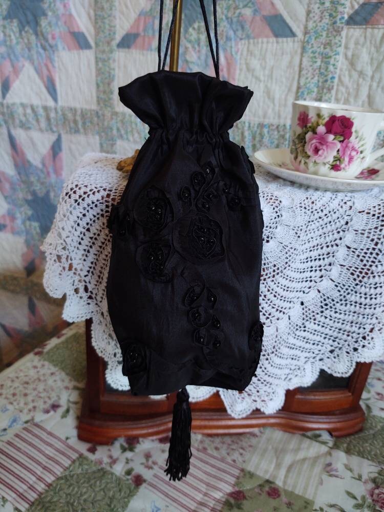 Reticule drawstring bag, 19th Century Victorian purse, Evening, Civil War, Edwardian, Regency, Mourning, 1820's & up, Ladies Ditty Bag