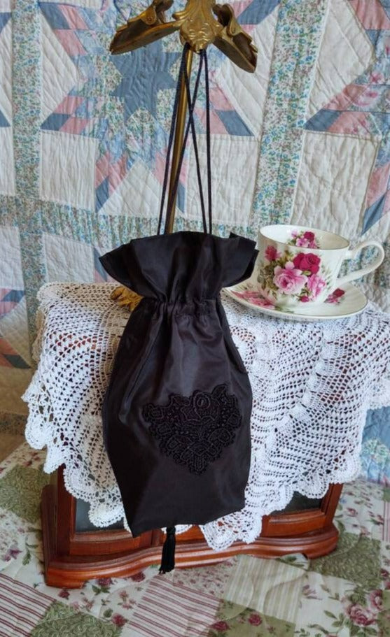 Reticule drawstring bag, 19th Century Victorian purse, Evening, Civil War, Edwardian, Regency, Mourning, 1820's & up, Ladies Ditty Bag