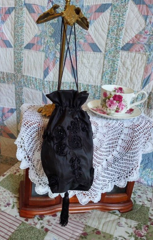 Reticule drawstring bag, 19th Century Victorian purse, Evening, Civil War, Edwardian, Regency, Mourning, 1820's & up, Ladies Ditty Bag