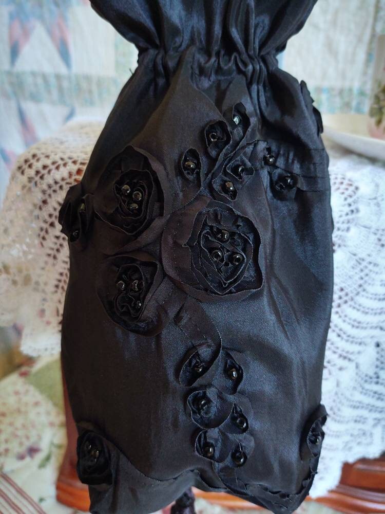 Reticule drawstring bag, 19th Century Victorian purse, Evening, Civil War, Edwardian, Regency, Mourning, 1820's & up, Ladies Ditty Bag