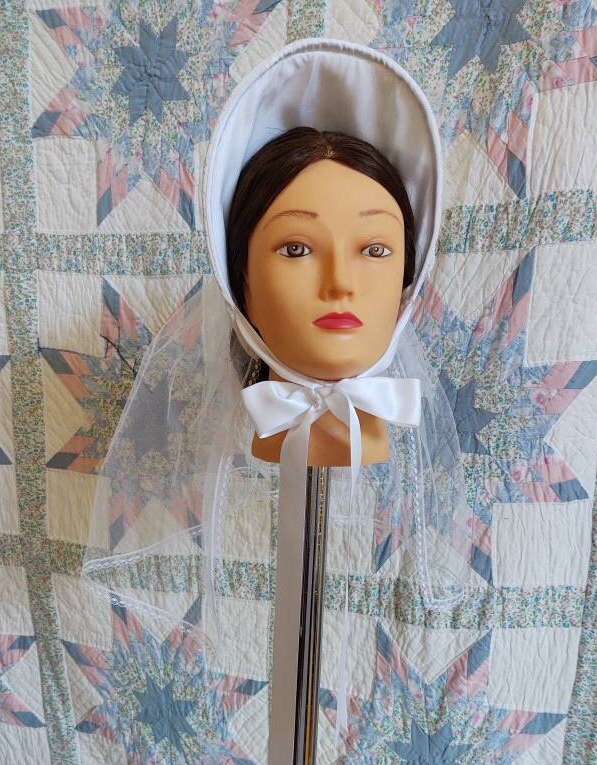 White Brocade Bridal Fanchon Bonnet - Dinner Bonnet - Empire Bonnet - Civil War - 19th century Victorian