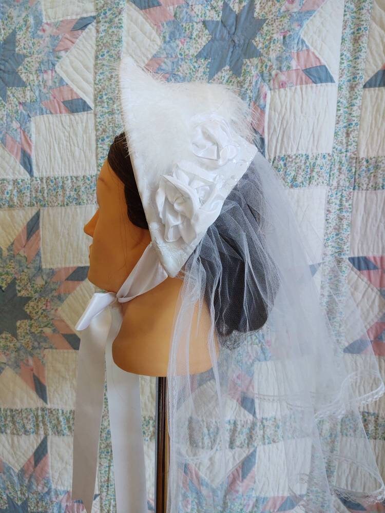 White Brocade Bridal Fanchon Bonnet - Dinner Bonnet - Empire Bonnet - Civil War - 19th century Victorian