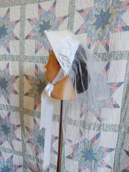 White Brocade Bridal Fanchon Bonnet - Dinner Bonnet - Empire Bonnet - Civil War - 19th century Victorian