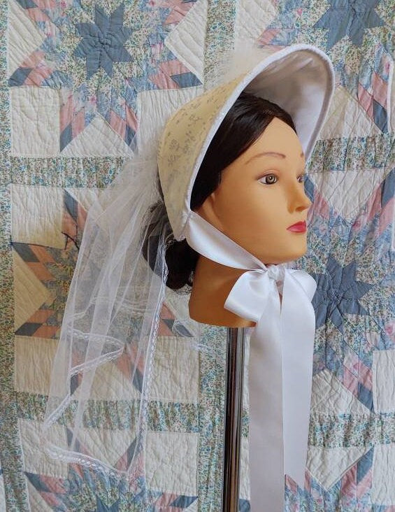 White Brocade Bridal Fanchon Bonnet - Dinner Bonnet - Empire Bonnet - Civil War - 19th century Victorian