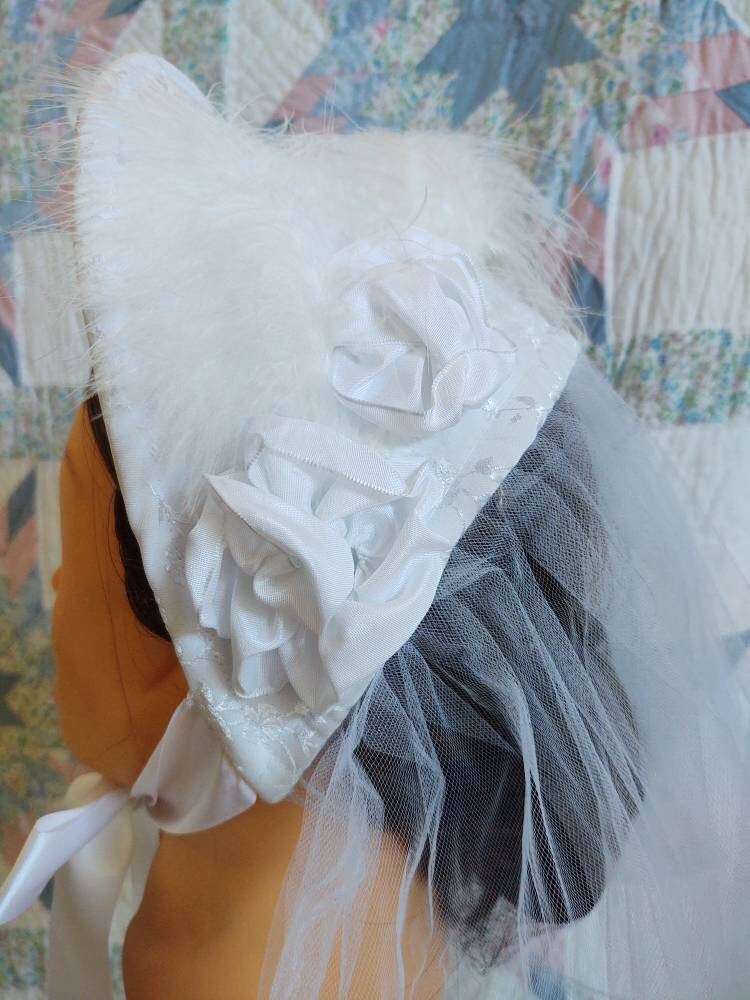 White Brocade Bridal Fanchon Bonnet - Dinner Bonnet - Empire Bonnet - Civil War - 19th century Victorian