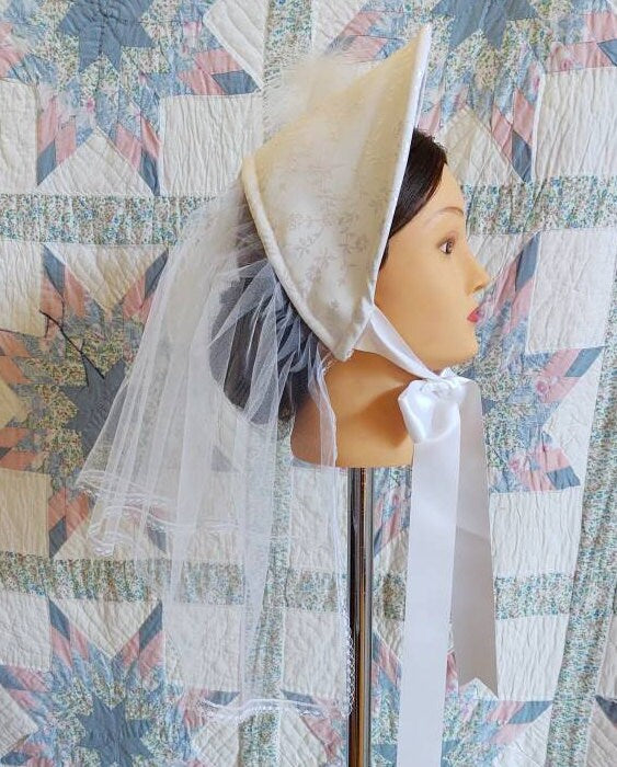 White Brocade Bridal Fanchon Bonnet - Dinner Bonnet - Empire Bonnet - Civil War - 19th century Victorian