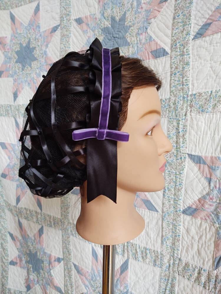 Black Ribbon Hairnet with choice of Purple Ribbon Coronets -Perfect for Second Mourning, Victorian, 19th Century, Civil War, Headcovering