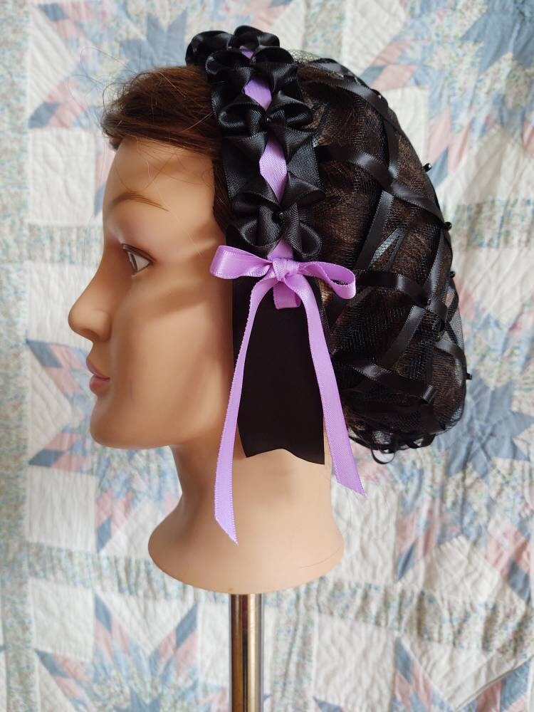 Black Ribbon Hairnet with choice of Purple Ribbon Coronets -Perfect for Second Mourning, Victorian, 19th Century, Civil War, Headcovering