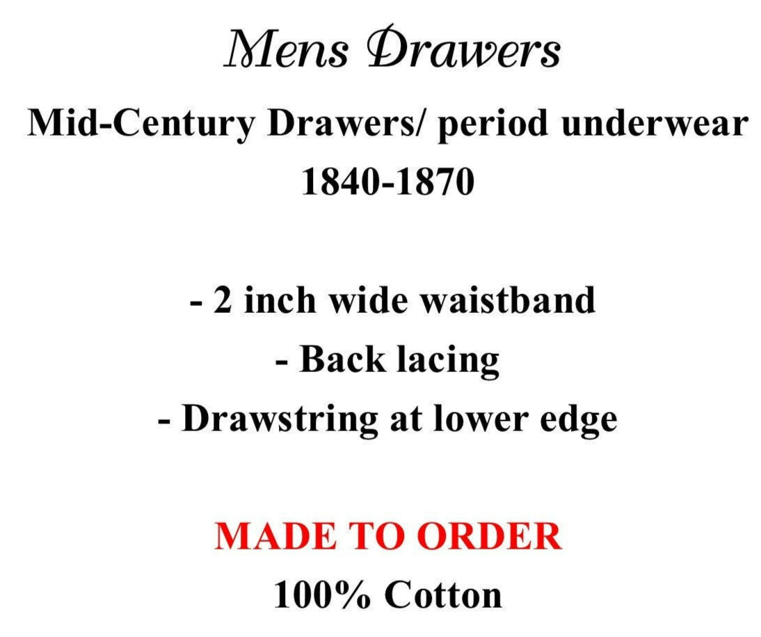 Men's drawers, 19th Century Drawers, Civilian, Military, Mid -1800 full drawers, historic underwear, Victorian, Civil War - MADE TO ORDER