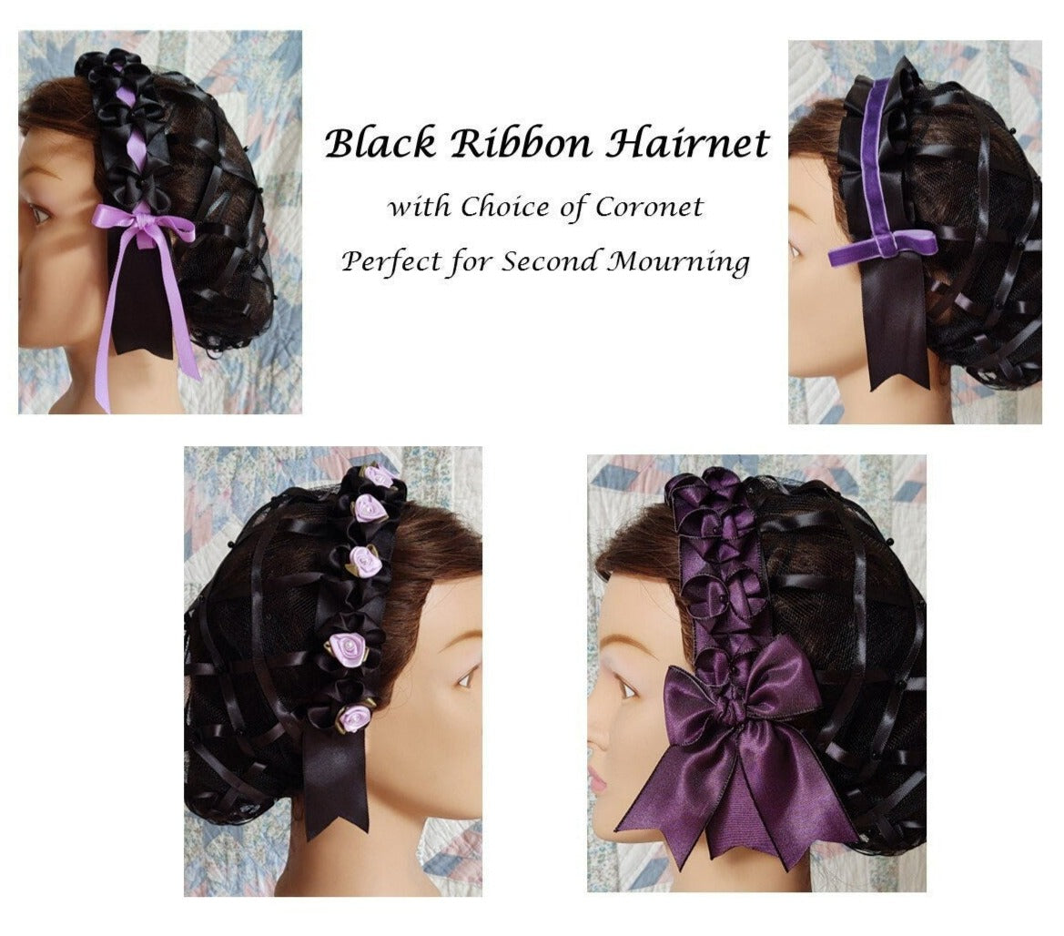 Black Ribbon Hairnet with choice of Purple Ribbon Coronets -Perfect for Second Mourning, Victorian, 19th Century, Civil War, Headcovering