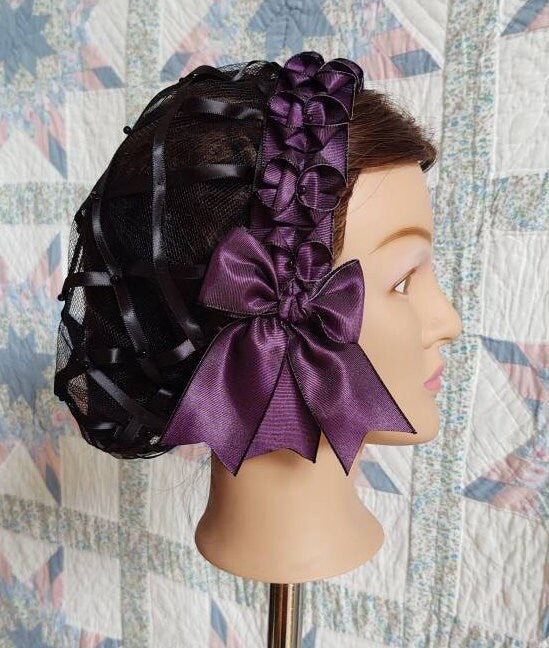 Black Ribbon Hairnet with choice of Purple Ribbon Coronets -Perfect for Second Mourning, Victorian, 19th Century, Civil War, Headcovering